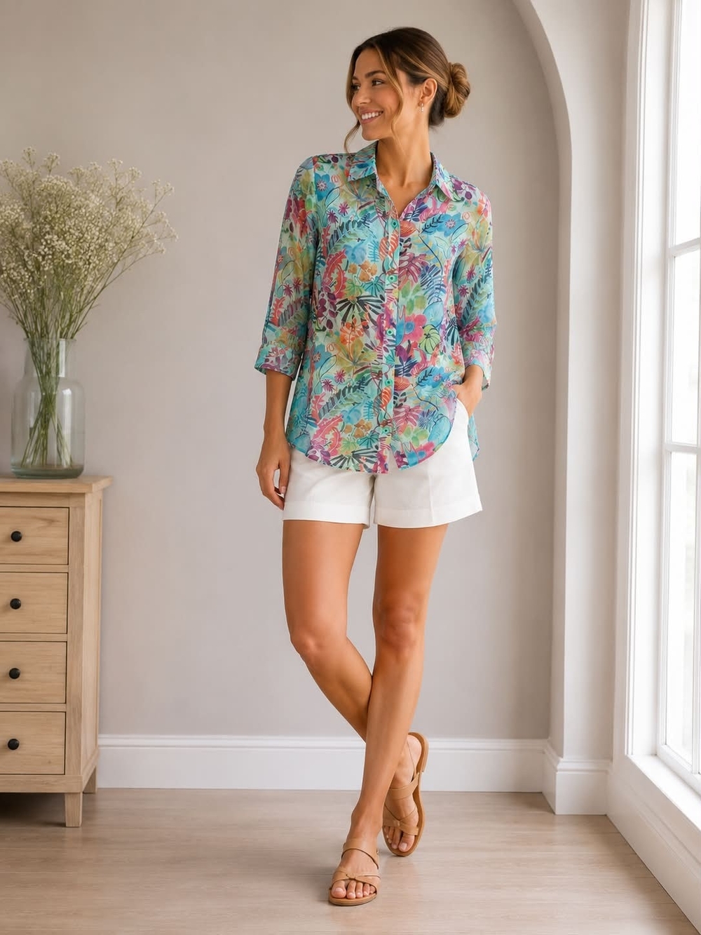 Tropical Floral Button-Down Shirt - Teal Multi